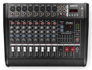 Vonyx AM8A 8 Kanaals Powermixer 500 Watt met Ingebouwde Effecten, Bluetooth en USB/SD Speler